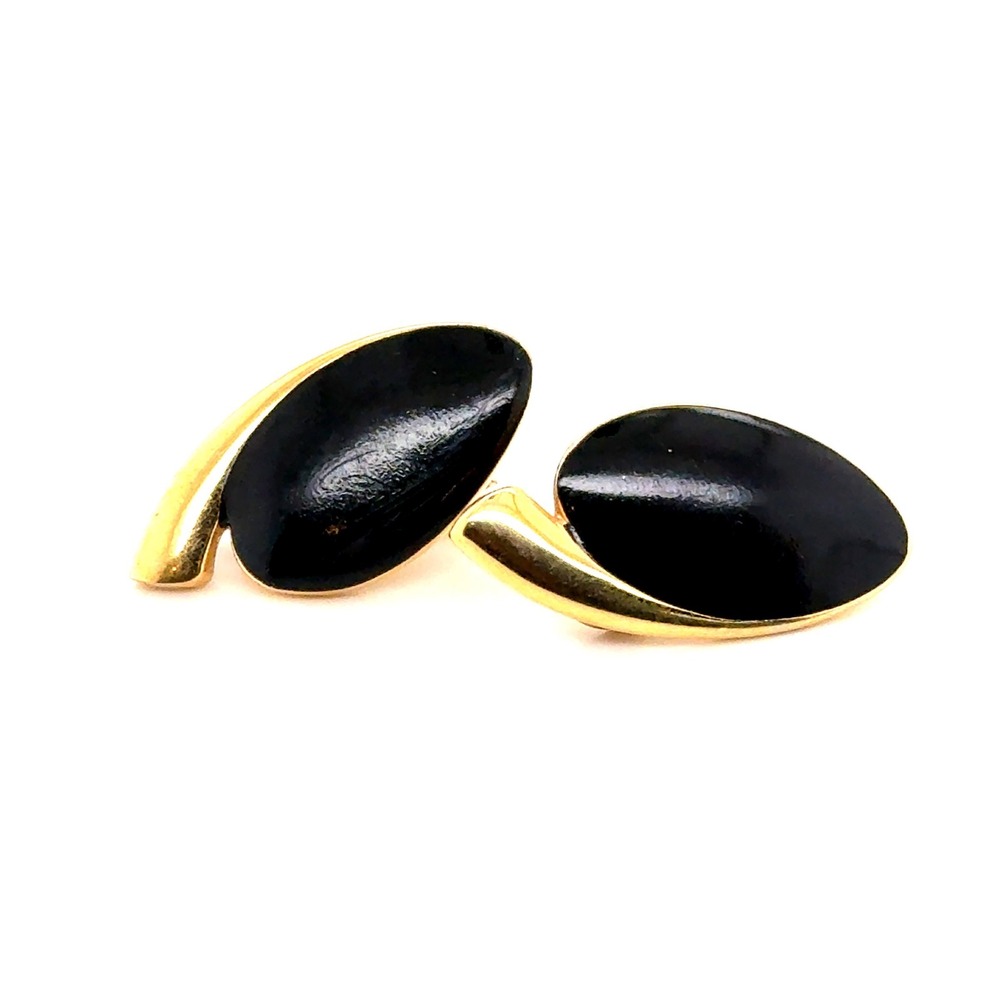 Monet Vintage Gold Tone Black Enamel Oval Clip On Earrings Modernist Minimalist